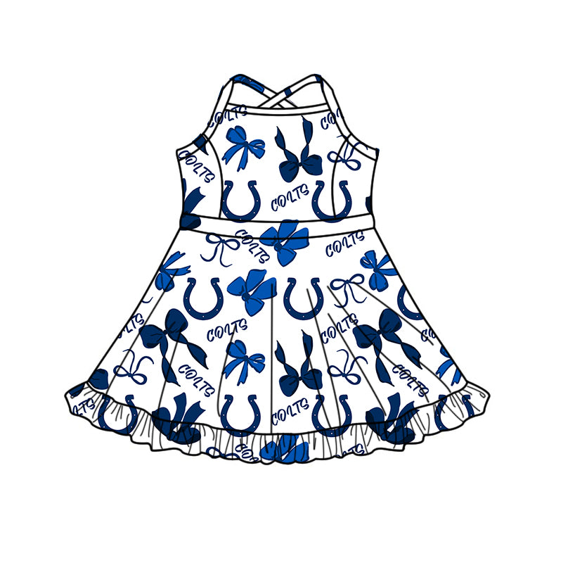 Custom moq 5 mix size milk silk summer teams Baby Girl's Blue bow Sleeveless Knee-Length Yoga Dress