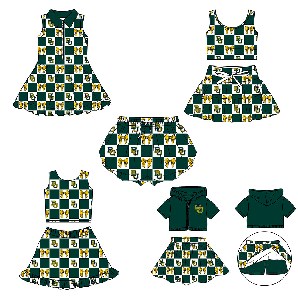 Custom moq 3 or 5 mix size milk silk summer teams baby girl clothes bow green sleeveless skirts sets 3 and dresss and shorts-26.1.24