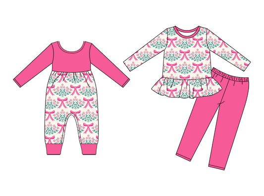 25.9.9 custom each style moq 5eta 4-6week Sibling Sisters bow floral baby girl clothes long sleeve pants sets and romper match family design