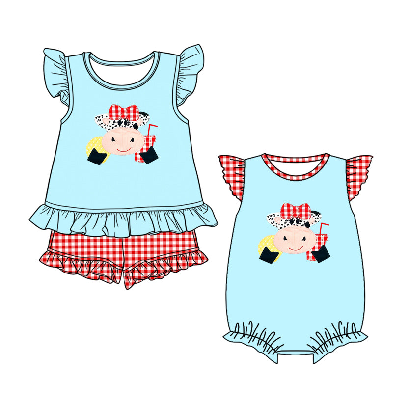 2.27 Custom moq 5 mix size Sibling Baby Girl's Blue Flutter-Sleeved Top And Shorts Romper Set Cute Infant Outfit for Girls