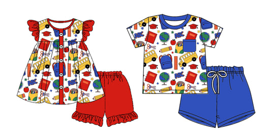 3.29 custom each style moq 5eta 4-6week Sibling Sister back to school baby girls short sleeve set and set 2 match design