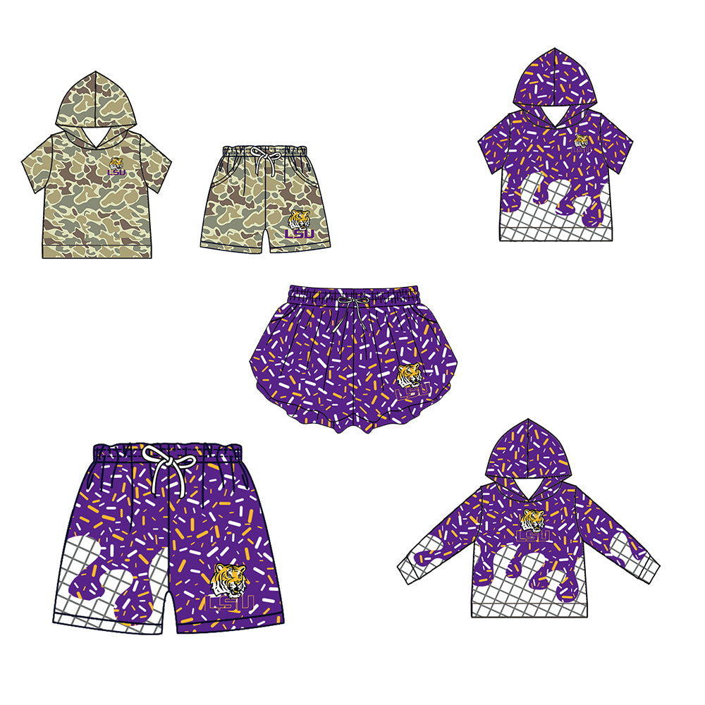 Custom moq 5 mix size milk silk summer teams Baby Camo Hooded Short Sleeve Top and Shorts Set Ice Cream Drips Purple Hooded Top with Matching Shorts