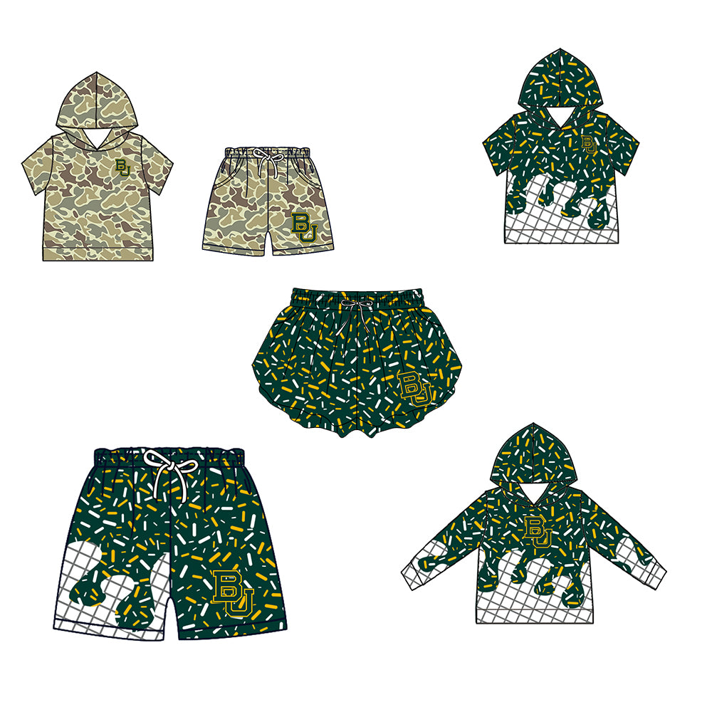 Custom moq 5 mix size milk silk summer teams Baby Camo Hooded Short Sleeve Top and Shorts Set Green Ice Cream Drips Hooded Top with Matching Shorts