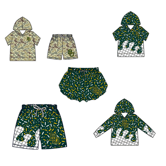 Custom moq 5 mix size milk silk summer teams Baby Camo Hooded Short Sleeve Top and Shorts Set Green Ice Cream Drips Hooded Top with Matching Shorts