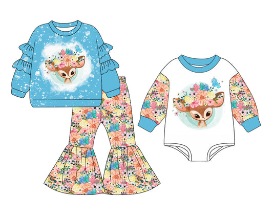 25.7.7 custom each style moq 5eta 4-6week Sibling Sister deer floral baby girl long sleeve pants sets and rompers match family design