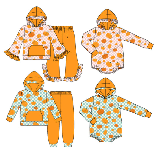 25.8.13 custom each style moq 5 eta 4-6week Sibling Sisters pumpkin baby girl long sleeve pants sets 1 and sets 2 and romper 1 and romper 2 match family design