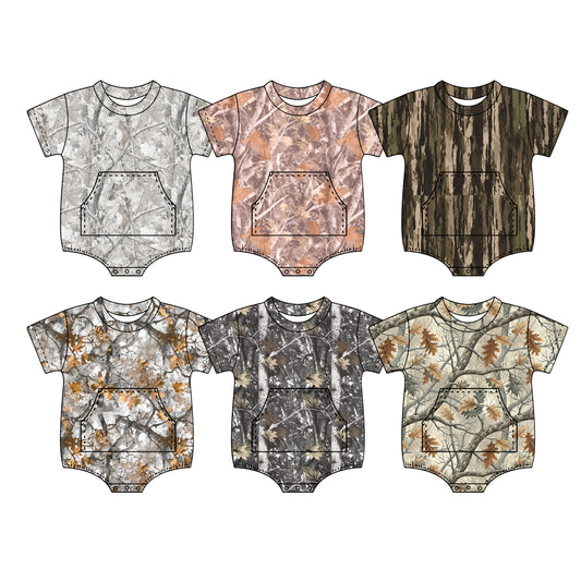 Custom moq 5 mix size Sibling Baby Boy's Camouflage Leaf Print Romper Short Sleeved with Pockets for Infants
