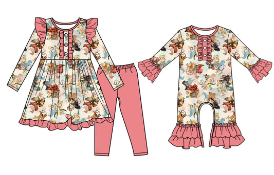 25.6.30 custom each style moq 5eta 4-6week Sibling Sisters cow head baby girl long sleeve pants sets and rompers match family design