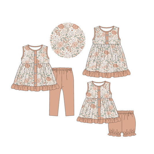 25.5.26 custom each style moq 5eta 4-6week Sibling Sisters floral baby girl short sleeve shorts sets 1 and pants sets and dress match family design