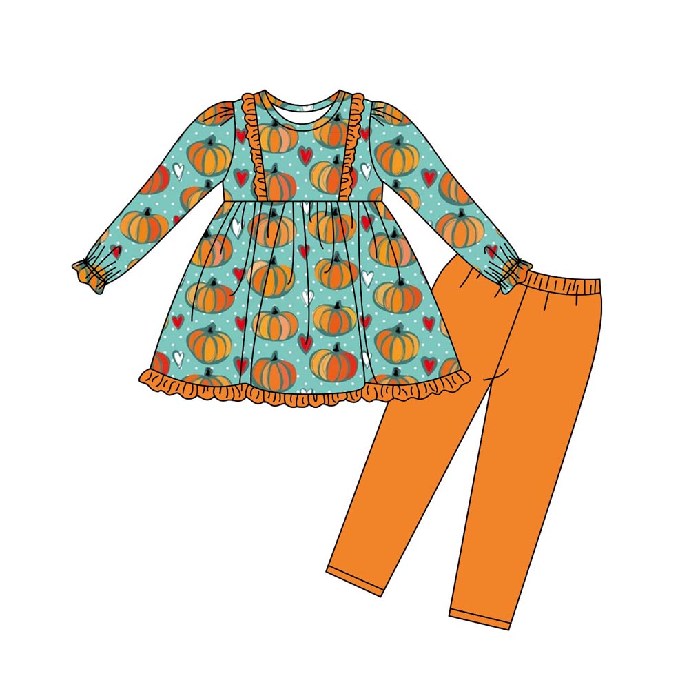 5.31 custom each style moq 5eta 4-6week Sibling Sister pumpkin orange baby girls outfits and dress and baby romper match family design