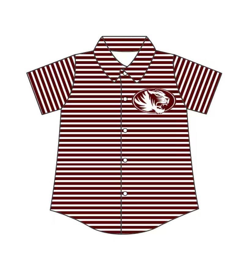 Custom moq 5 mix size milk silk summer teams Baby Boys Summer Dark Red Stripes Short Sleeve Button Shirts Top