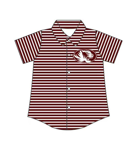 Custom moq 5 mix size milk silk summer teams Baby Boys Summer Dark Red Stripes Short Sleeve Button Shirts Top