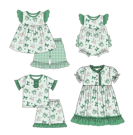 12.10 custom each style moq 5eta 4-6week Sibling Sister bow green baby girl short sleeve shorts sets and sets 2 and girls romper and boy romper and dress match design