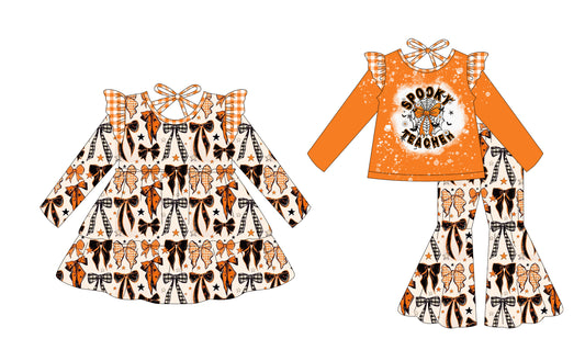 25.7.24 custom each style moq 5eta 4-6week Sibling Sisters SPOOKY orange baby girl long sleeve pants sets and dress match family design