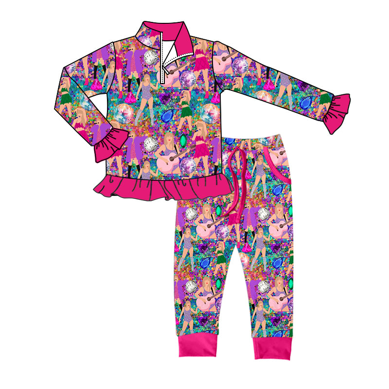 5.8custom each style moq 5eta 4-5week Sibling Sister singing girl prints rose pink girls outfits and adult long pants and backpack match family design
