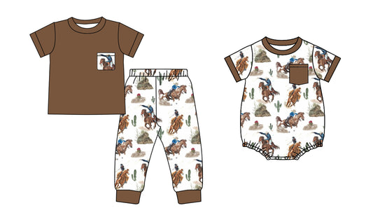 11.1 custom each style moq 5eta 4-6week Sibling Sister riding horse brown baby boys short sleeve sets and rompers match design