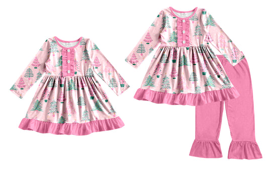 25.8.28 custom each style moq 5eta 4-6week Sibling Sisters Christmas trees pink baby girl long sleeve pants sets and dress match family design