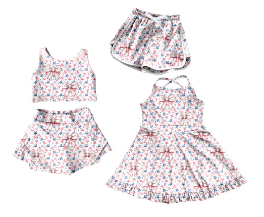 25.5.22 custom each style moq 5eta 4-6week Sibling Sister bow stars baby girls clothes Short sleeve shorts skirts sets and dress and shorts match family design