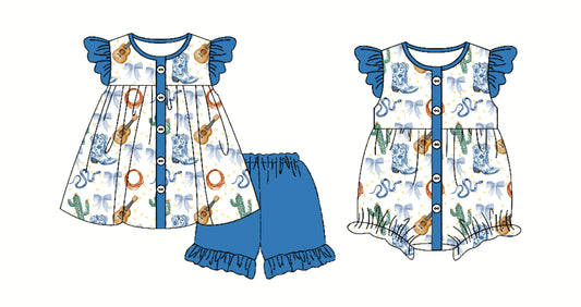3.24 custom each style moq 5eta 4-6week Sibling Sister boot guitar bow baby girl boy short sleeve shorts sets and romper match design