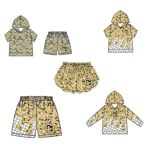 Custom moq 5 mix size milk silk summer teams Camo Hooded Short Sleeve Top Shorts Set Ice Cream Drips Hooded Top with Matching Shorts For Baby