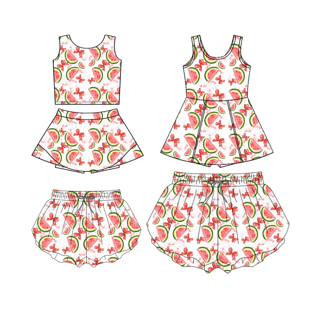 Custom moq 5 mix size Sibling Baby Girl's  Watermelon bow Print Sleeveless Top And Skirt Yoga Set Yoga Dress with Shorts Mom And Me yoga shorts