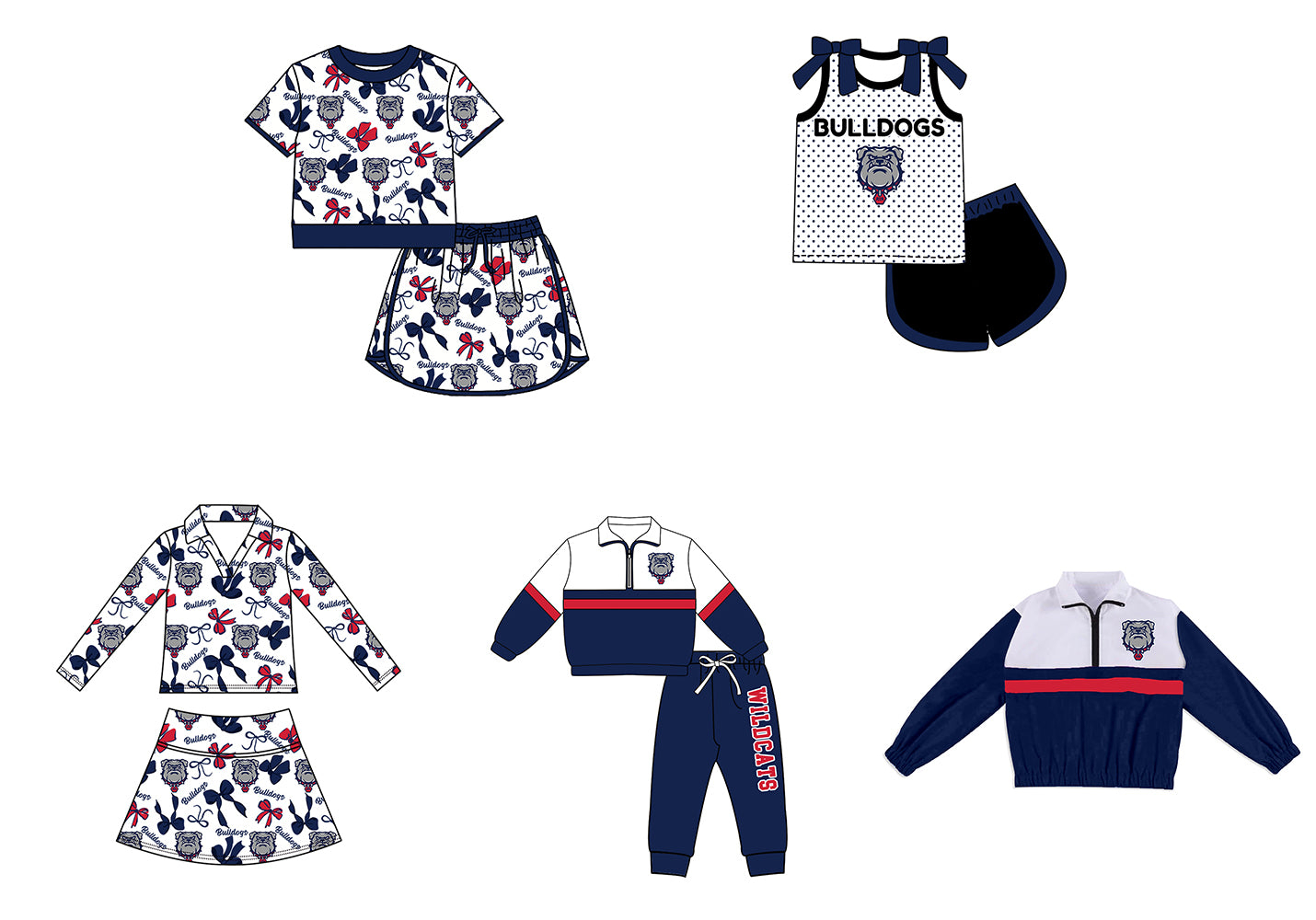 Custom moq 5 mix size summer teams Girls Navy Blue Polka Dot Top Shorts Set Top Skirt Short Set Zipper Pullover Pants Set