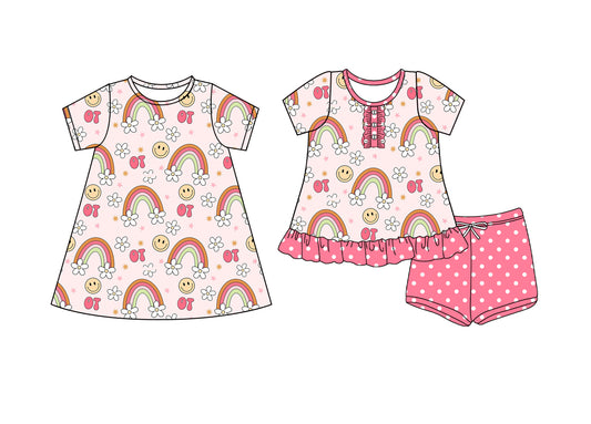 4.7 custom each style moq 5eta 4-6week Sibling Sister smiley rainbow floral baby girl short sleeve shorts sets and dresses match design