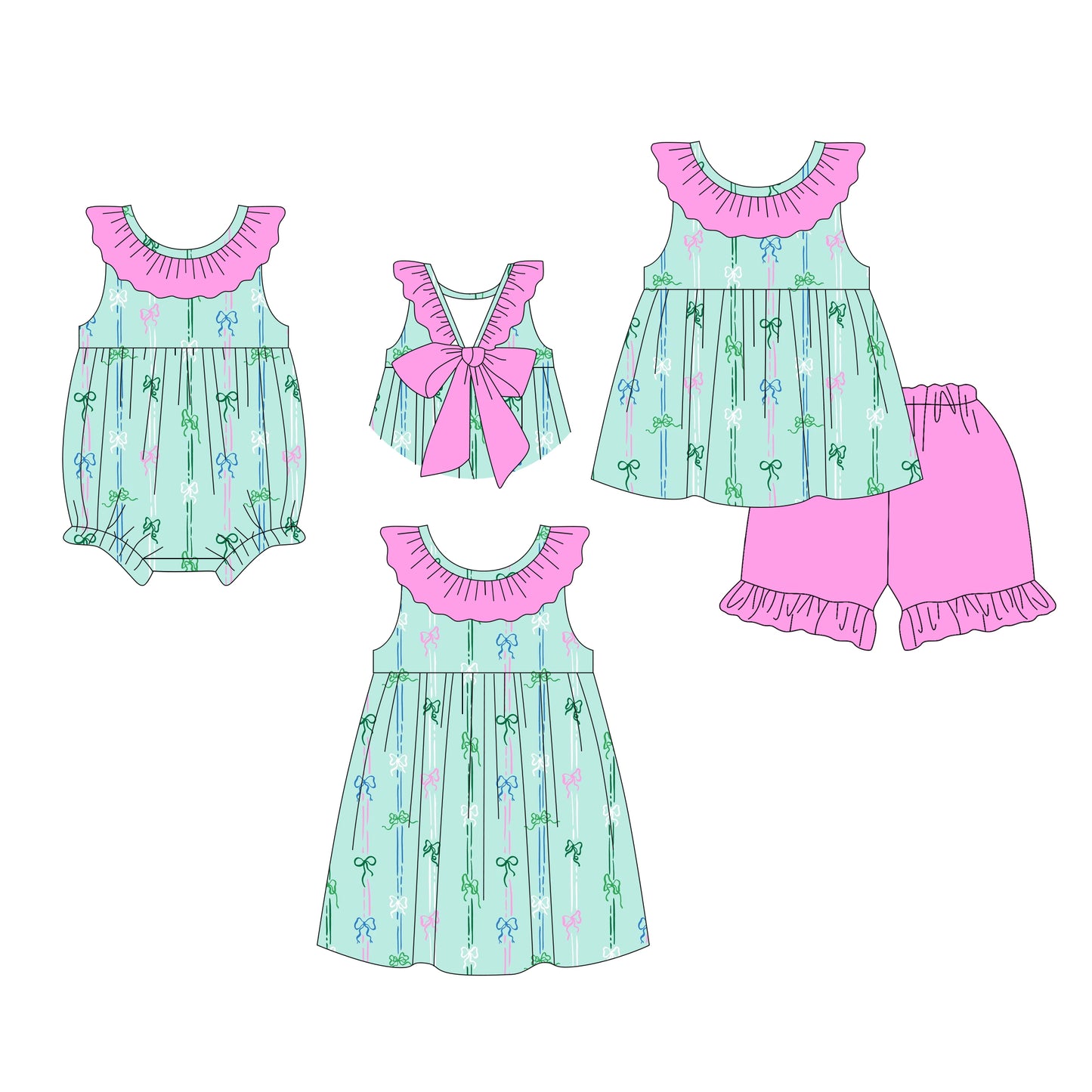 26.1.9 custom each style moq 5 eta 6-8week Sibling Sister bow baby short sleeve shorts sets and romper and dress match design