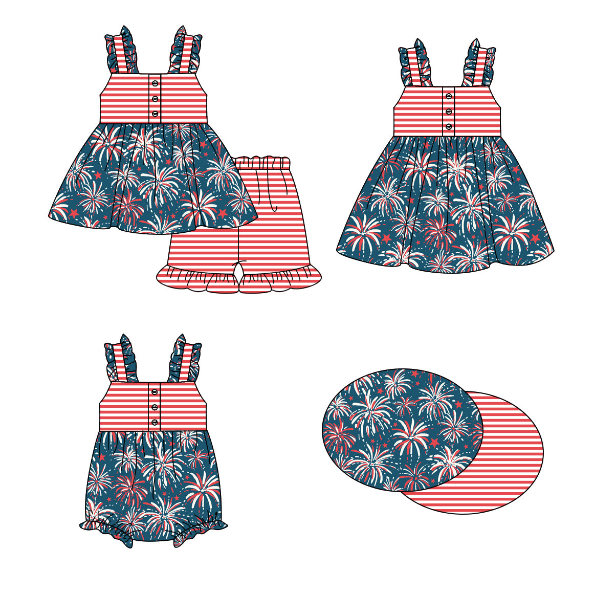 1.16 custom each style moq 5eta 4-6week Sibling Sisters firework baby girl short sleeve shorts sets and dress and rompers match family design