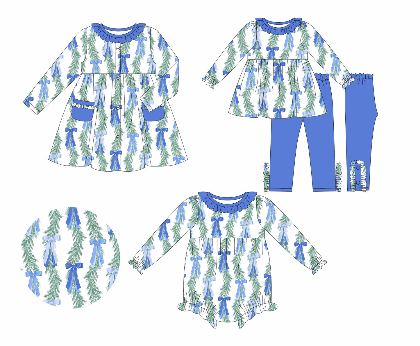 25.5.21 custom each style moq 5eta 4-6week Sibling Sisters Christmas bow trees blue baby girl long sleeve pants sets and dress and rompers match family design