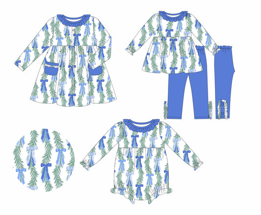 25.5.21 custom each style moq 5eta 4-6week Sibling Sisters Christmas bow trees blue baby girl long sleeve pants sets and dress and rompers match family design