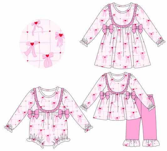 25.7.18 custom each style moq 5eta 4-6week Sibling Sisters bow love pink baby girl long sleeve pants sets and dress and rompers match family design
