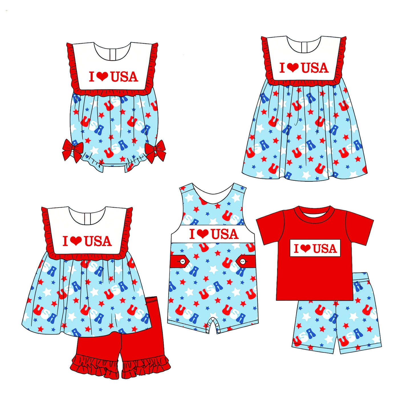 3.23 Custom moq 5 mix size Sibling Baby Boys And Girls 4th of July Sleeveless Top And Shorts Set Cute Romper Dress for Summer