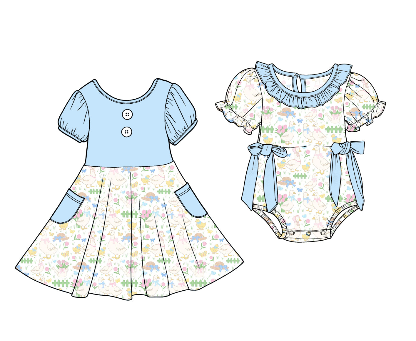 Custom moq 5 mix size Sibling Baby Girl's Light Blue Short-Sleeved Dress with Pockets And Bow Detail Romper for Little Girls Cute Outfit