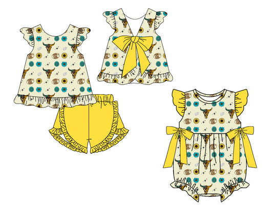 Custom moq 5 mix size Sibling Baby Girl Cow Print Romper Set Sleeveless Top And Shorts Outfit for Spring/Summer
