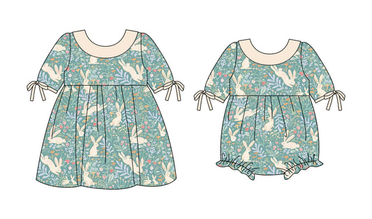 25.10.3 custom each style moq 8 eta 6-8week Sibling Sisters floral bunny baby girl short sleeve dress and rompers match family design