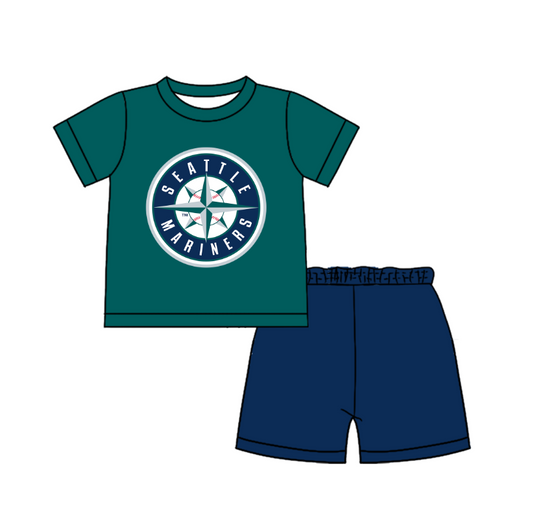 Custom moq 5 mix size milk silk summer teams Baby Boy's green Short-Sleeved O-Neck Top And solid color Shorts Set