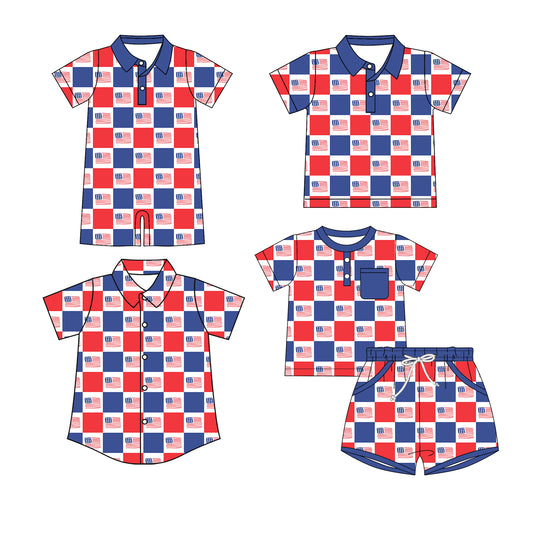 3.10 Custom moq 5 mix size Sibling Baby Boy's 4th of July Plaid Short-Sleeved Outfit Set with Matching Polo Shirt And Button-Down Shirt Romper