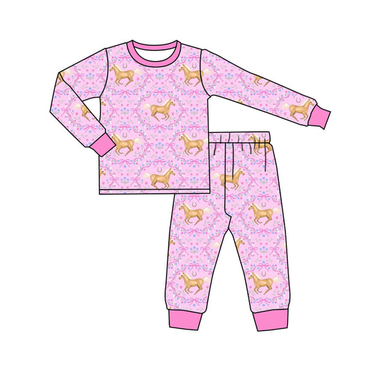 9.23 custom each style moq 5eta 4-6week Sibling Sister horse bow pink baby girls sets and rompers match family design