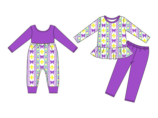 25.9.10 custom each style moq 5eta 4-6week Sibling Sisters mardi gras bow purple baby girl clothes long sleeve pants sets and romper match family design