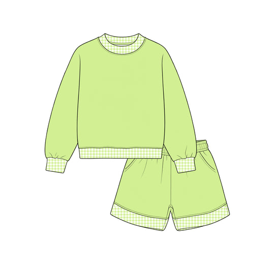Custom moq 5 girls  Blank Cotton Fabric Sweatshirt Shorts Set Light lime green sweatshirt and shorts set