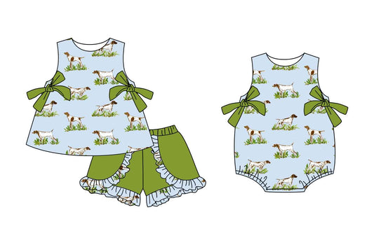 3.3 custom each style moq 5eta 4-6week Sibling Sister puppy baby girl short sleeve shorts sets and romper match design