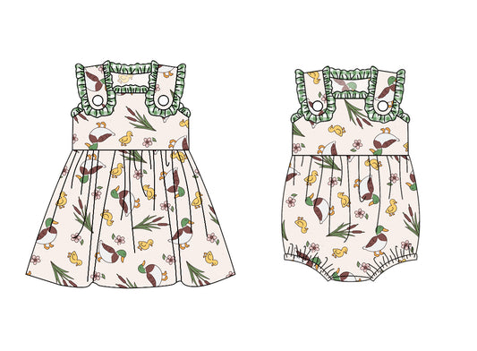 11.14 custom each style moq 5eta 4-6week Sibling Sister duck floral baby girl short sleeve dress and rompers match family design