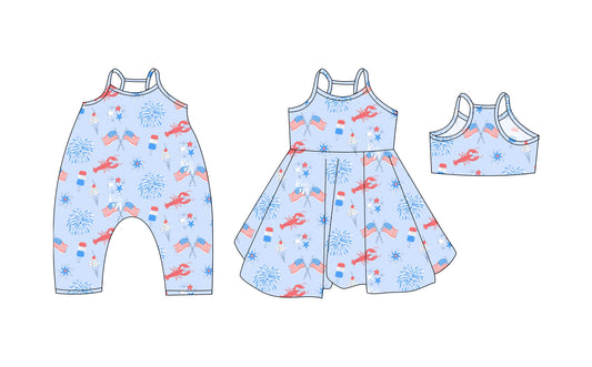 3.19 custom each style moq 5eta 4-6week Sibling Sisters flag lobster baby girl short sleeve dress and rompers match family design