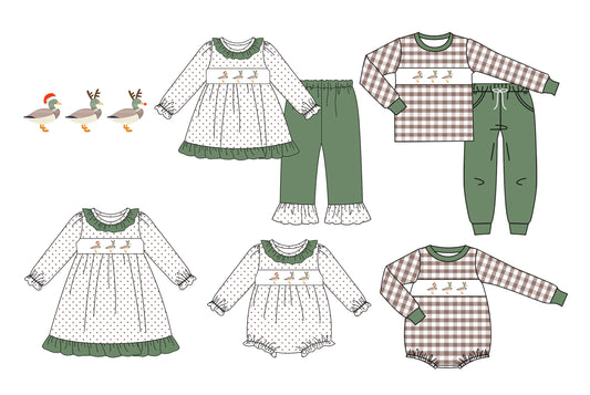 25.7.19 custom each style moq 5 eta 4-6week Sibling Sisters Christmas duck baby girl long sleeve pants sets 1 and sets 2 and romper 1 and romper 2 and dress match family design