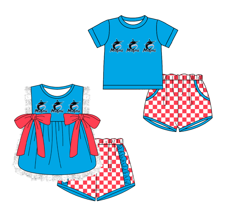 Custom moq 5 mix size milk silk summer teams Blue  Girl Sleeveless Top And Plaid Shorts Set with Bow Boy Short Sleeved Top And Plaid Shorts Set
