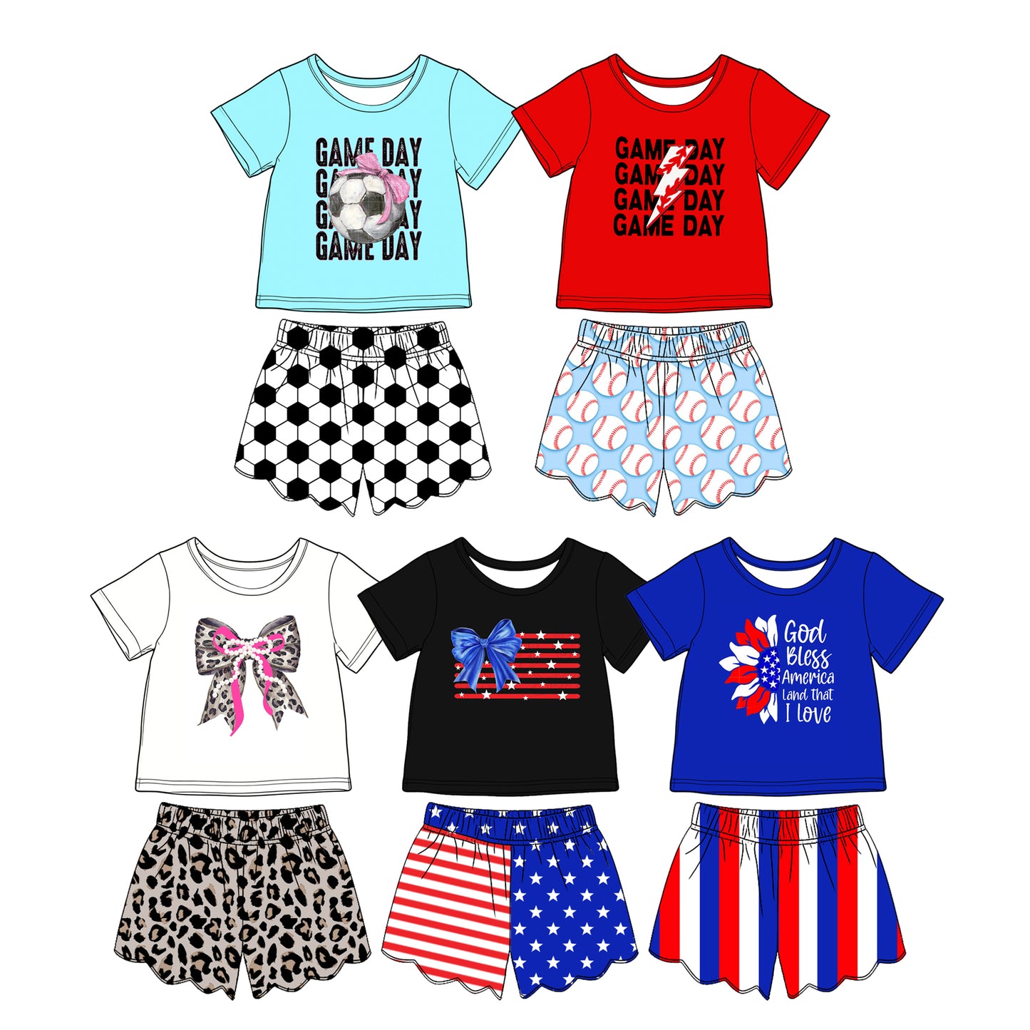 3.20 Custom moq 5 mix size Sibling 4th of July Short Sleeve Top And Shorts Set Outfit for Kids