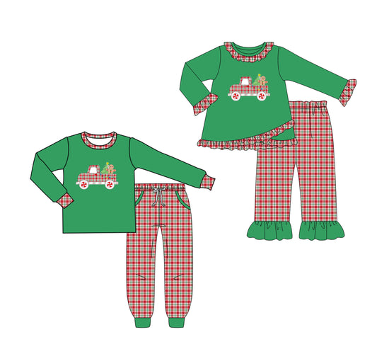 25.6.10 custom each style moq 5eta 4-6week Sibling Sisters Christmas green baby girl long sleeve pants sets 1 and sets 2 match family design