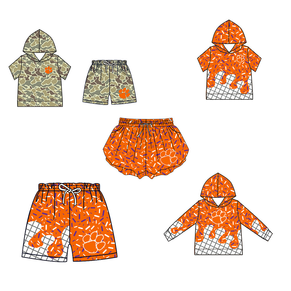 Custom moq 5 mix size milk silk summer teams Baby Camo Hooded Short Sleeve Top and Shorts Set Orange Ice Cream Drips Hooded Top with Matching Shorts