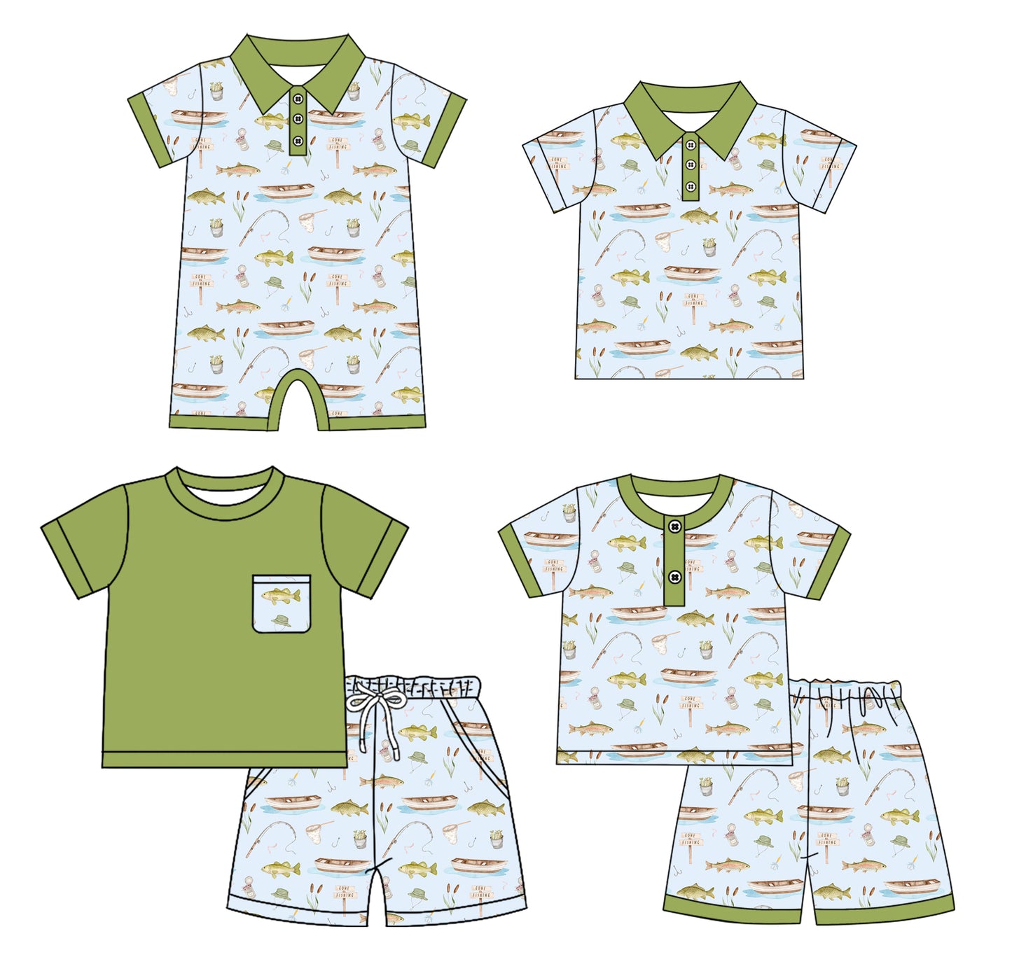 Custom moq 5 mix size Sibling Green Short-Sleeved Baby Boys Pajamas Set Romper Short-Sleeved Polo Shirt And Shorts Set Comfortable Sleepwear for Toddler Boys